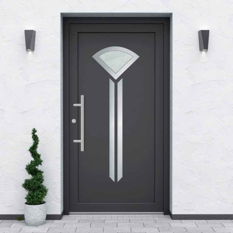 Türfüllung Design 510 in Anthrazit mit Glaseinsatz und zwei Edelstahl-Applikationen
