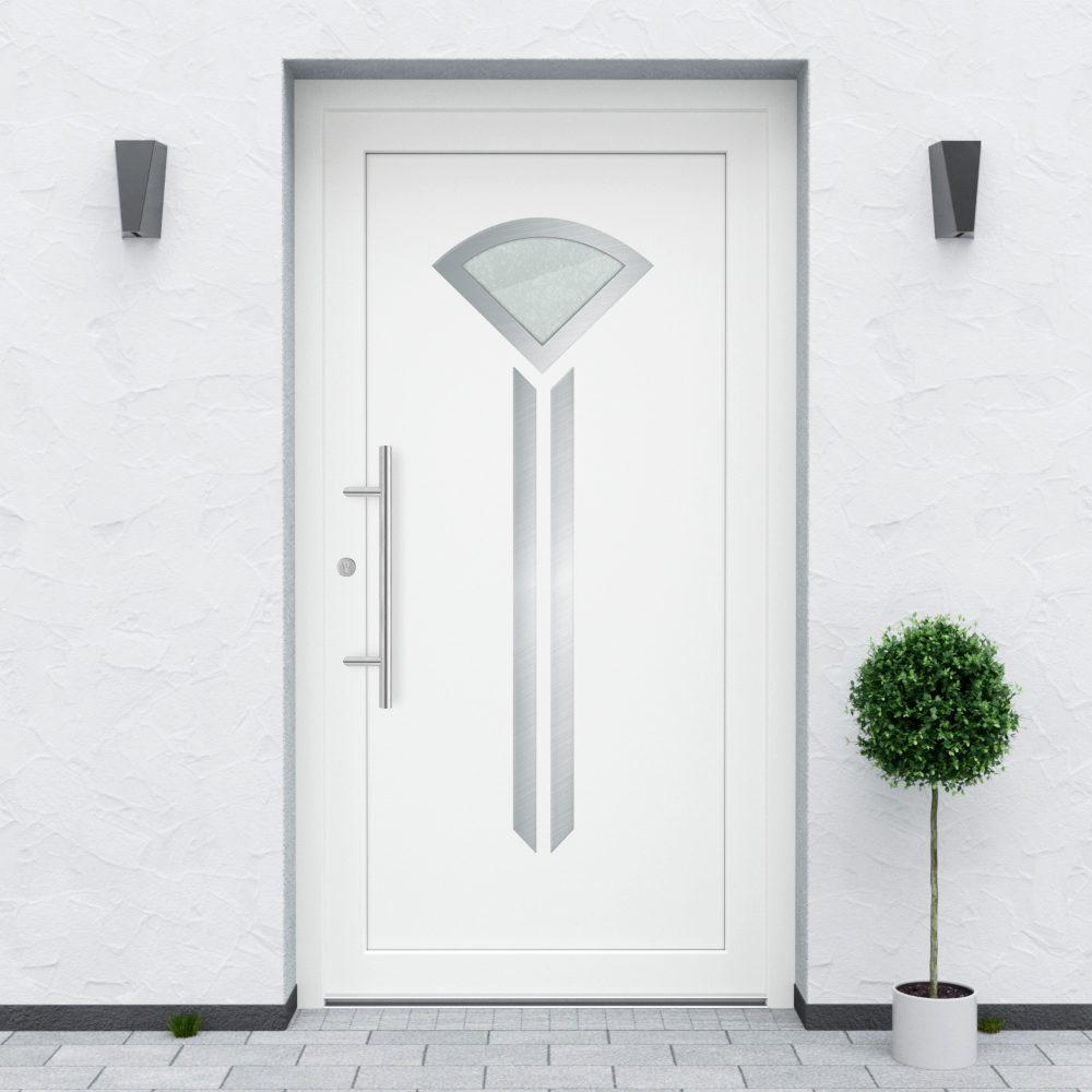 Türfüllung Design 510 in Weiß mit Glaseinsatz und zwei Edelstahl-Applikationen