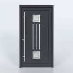 Türfüllung Design 527 in Anthrazit mit zwei quadratischen Glaseinsätzen und drei länglichen Edelstahl-Applikationen dazwischen