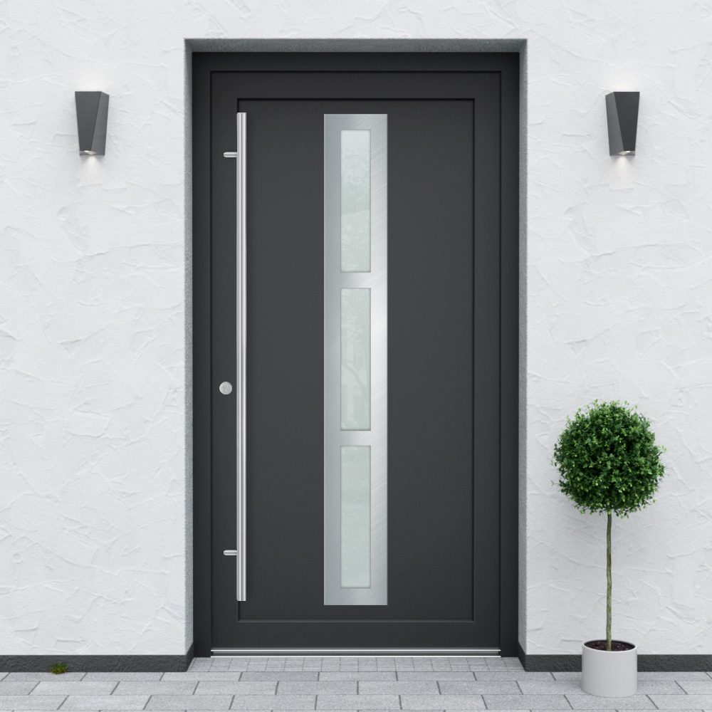 Türfüllung Design 563 in Anthrazit mit drei schmalen Glaseinsätzen in der Mitte des Türblattes