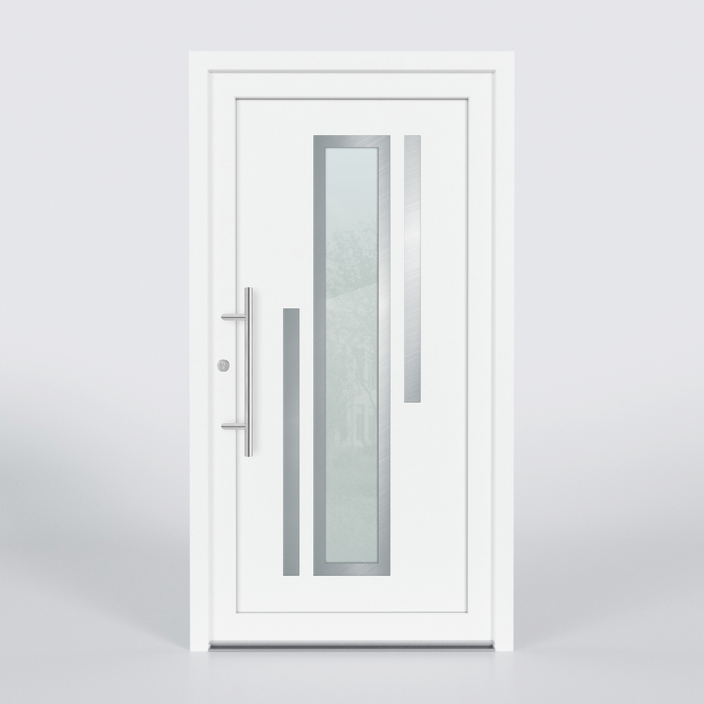 Türfüllung Design 660 in Weiß mit breitem Glaseinsatz und zwei Edelstahl-Applikationen