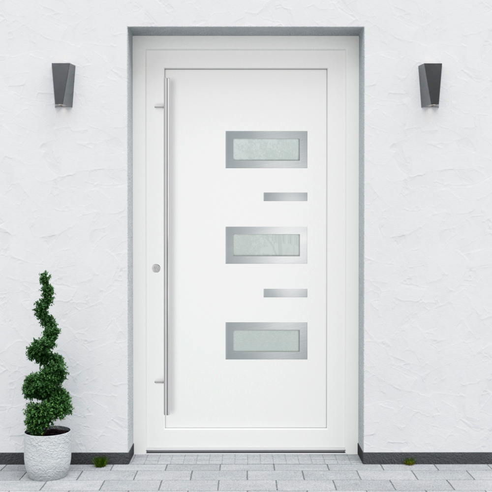 Türfüllung Design 867 in Weiß mit drei Glaseinsätzen und 2 Edelstahl-Applikationen