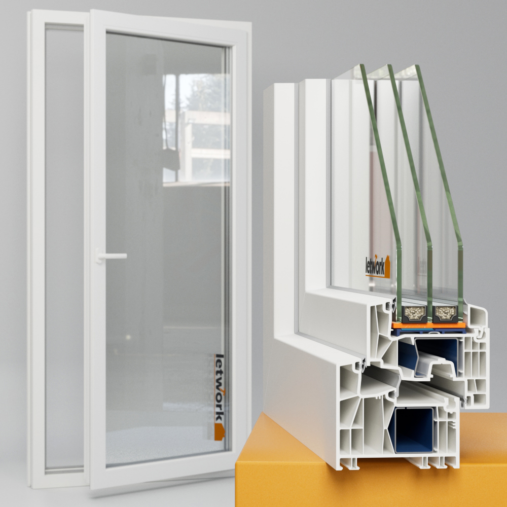 Kömmerling 88 MD Balkontür aus Kunststoff mit Fensterecke im Vordergrund und Balkontür in der Gesamtansicht im Hintergrund