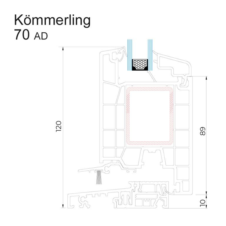 Querschnittzeichnung des Kunststoff-Haustürprofils Kömmerling 70 AD