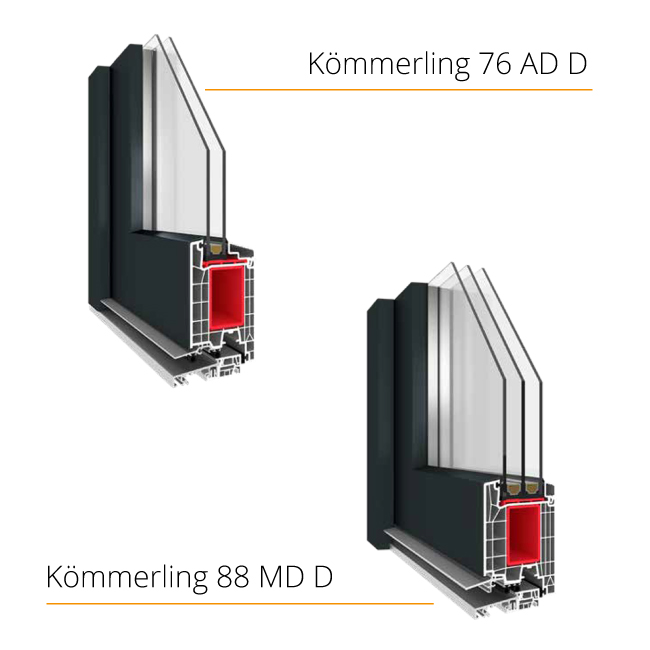 Kunststofftür Ecken der Profile Kömmerling 76 AD und Kömmerling 88 MD mit Aluminium Deckschalen in Anthrazit