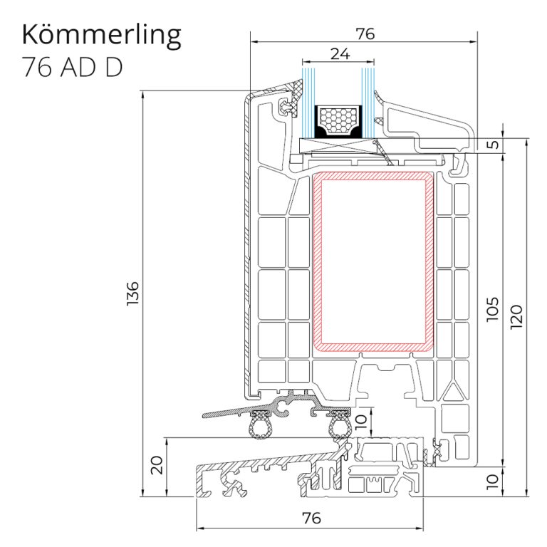 Querschnittzeichnung des Kunststoff-Haustürprofils Kömmerling 76 AD mit Aluminium Deckschalen