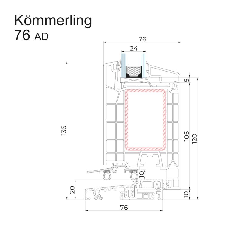 Querschnittzeichnung des Kunststoff-Haustürprofils Kömmerling 76 AD