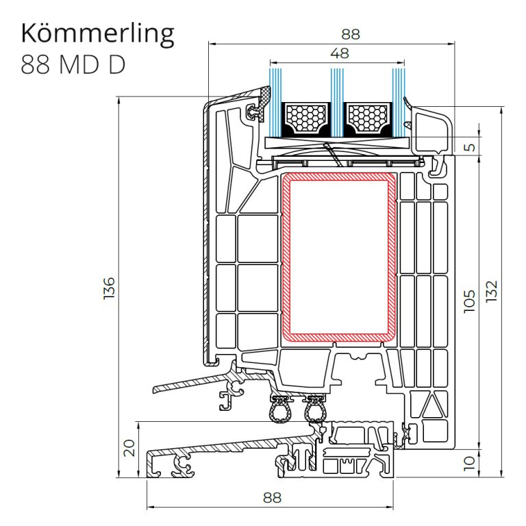 Querschnittzeichnung des Kunststoff-Haustürprofils Kömmerling 88 MD mit Aluminium Deckschalen