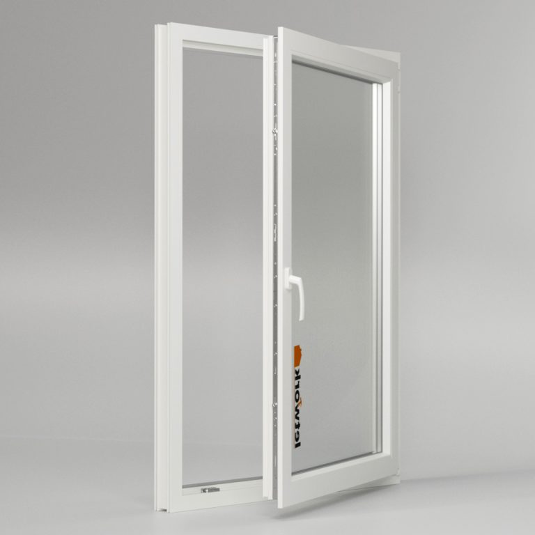 Fenêtre PVC Kömmerling 70 AD blanche avec double vitrage ouverte vue intérieure