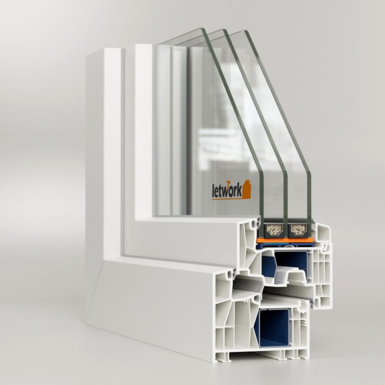 Fenêtre PVC Kömmerling 88 MD en blanc avec triple vitrage et joint central