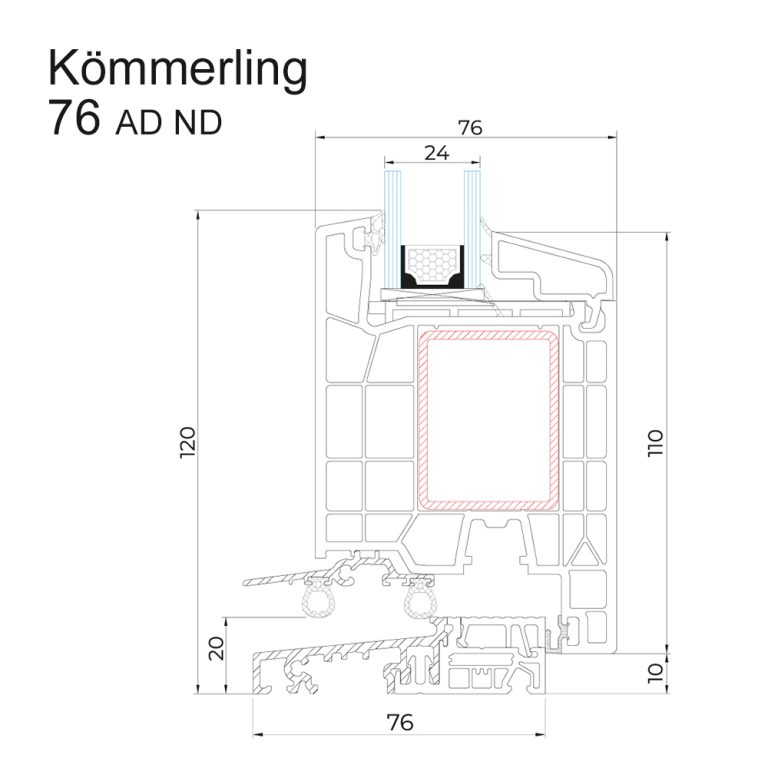Querschnittzeichnung Türenprofil Kömmerling 76 AD für Nebeneingangstüren