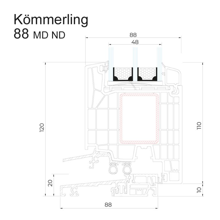 Querschnittzeichnung Türenprofil Kömmerling 88 MD für Nebeneingangstüren