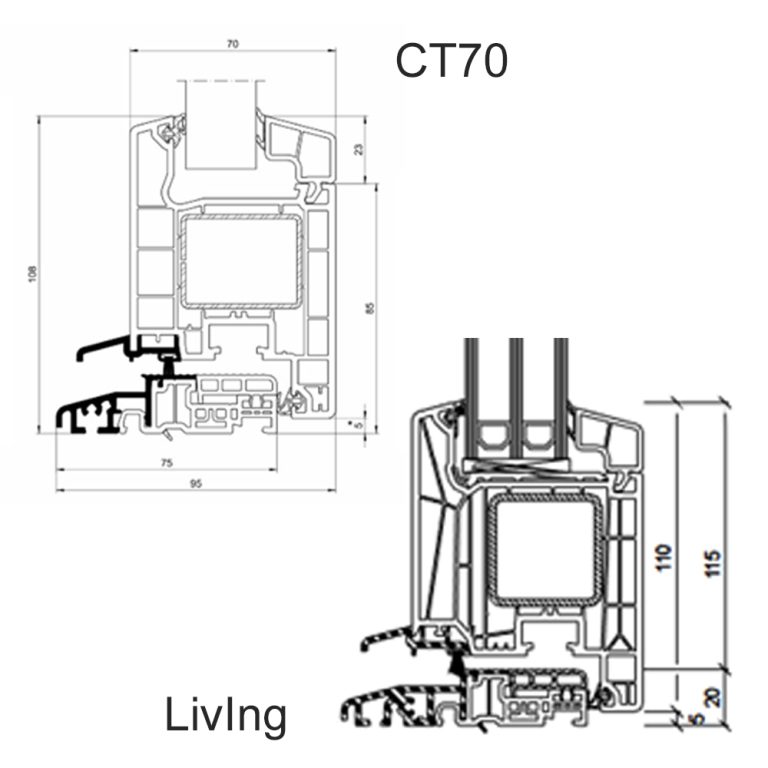 technische Zeichnungen für Nebeneingangstüren CT70 und LivIng 82 MD von Schueco