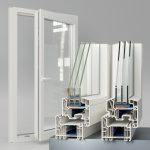 Schüco Living 82 AS Kunststofffenster Musterecken in weiß mit Dreifachverglasung. Blick auf beide Designvarianten Round und Classic im Vordergrund im Hintergrund ein komplettes Fenster mit offenem Flügel