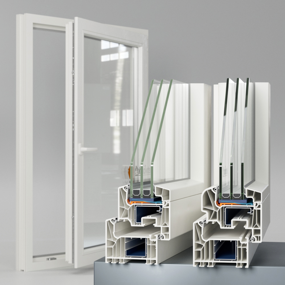 Schüco Living 82 AS Kunststofffenster Musterecken in weiß mit Dreifachverglasung. Blick auf beide Designvarianten Round und Classic im Vordergrund im Hintergrund ein komplettes Fenster mit offenem Flügel