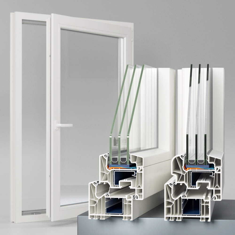 Échantillons d'angle de fenêtre PVC Schüco Living 82 MD en blanc avec triple vitrage et joint central. Vue sur les deux variantes de design Round et Classic au premier plan, à l'arrière-plan une fenêtre complète avec un vantail ouvert