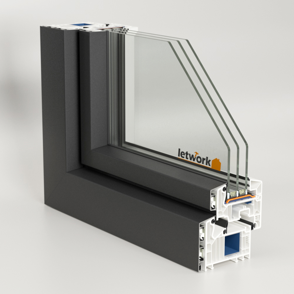 Kunststofffenster Musterecke VEKA 82 MD mit Aluminium Deckschalen, Mitteldichtung und Dreifachverglasung Draufsicht