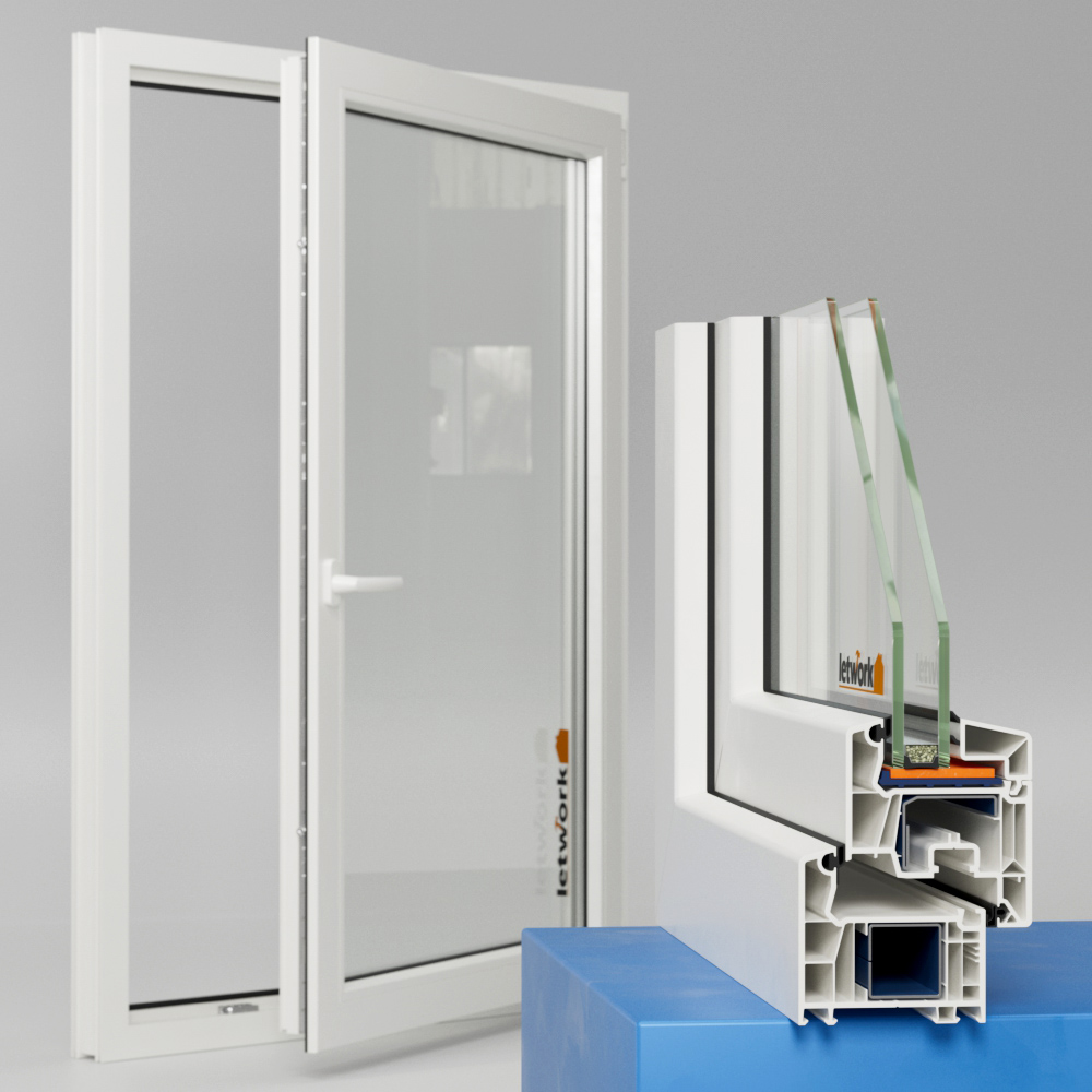 Kunststofffenster Veka Softline 76 AD in weiß mit Zweifachverglasung offenes Fenster hinten mit Fensterecke im Vordergrund