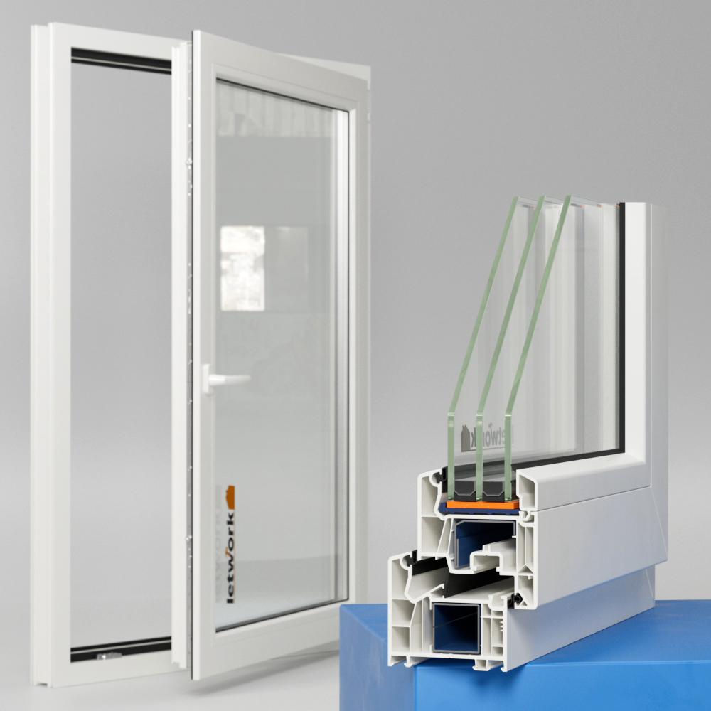 Kunststofffenster Veka Softline 76 MD in weiß mit Dreifachverglasung und Mitteldichtung, offenes Fenster hinten mit Fensterecke im Vordergrund