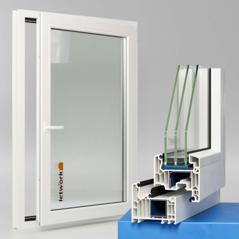 Kunststofffenster Veka Softline 82 MD in weiß mit Dreifachverglasung und Mitteldichtung, offenes Fenster hinten mit Fensterecke im Vordergrund