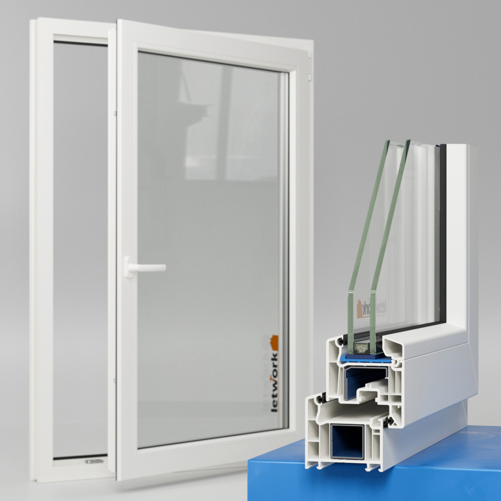 Kunststofffenster Veka Softline 70 AD in weiß mit Zweifachverglasung offenes Fenster hinten mit Fensterecke im Vordergrund