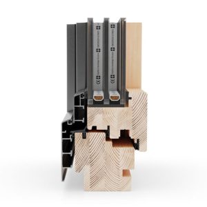 Fenêtre bois-alu 80 profil en coupe avec triple vitrage. Fenêtre en bois avec coque en aluminium à l'extérieur.