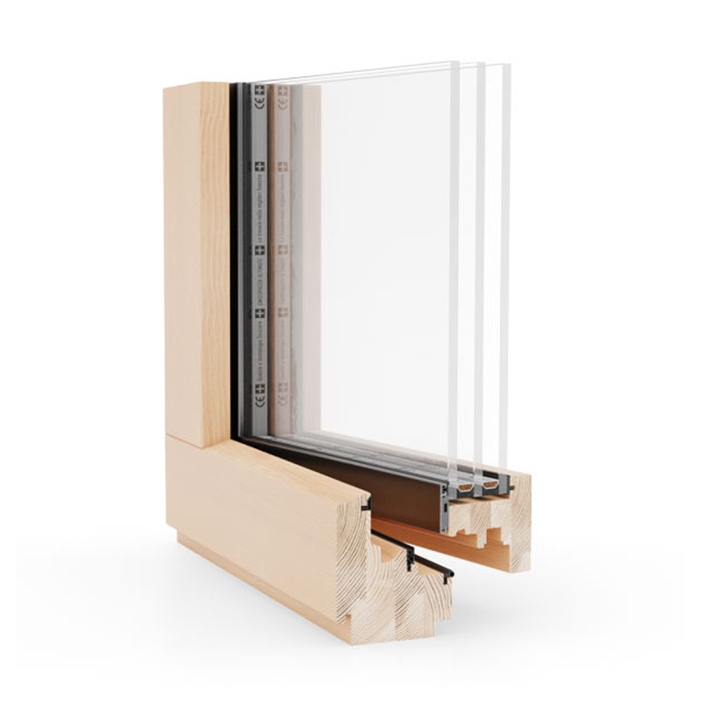 Fenêtre en bois 80 ouvrant caché avec triple vitrage en angle de fenêtre, légèrement ouverte