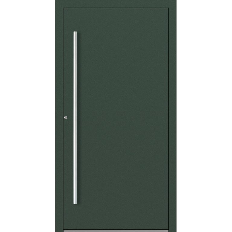 Haustür Feldmann und Mayer P90 und SL75 Design M00 in Tannengrün mit silbernem Griffset