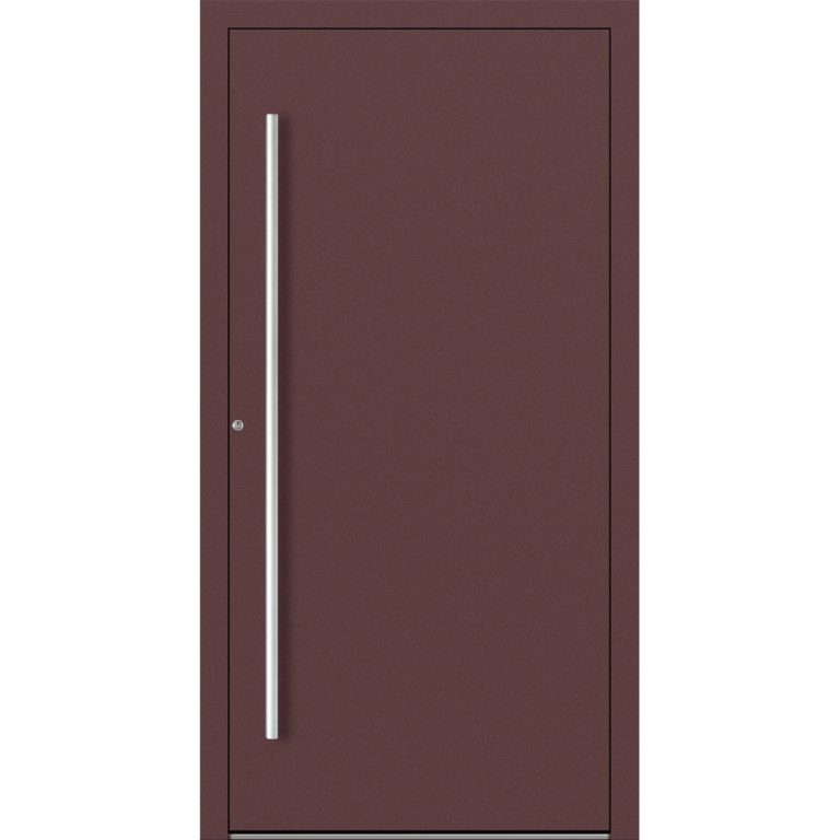 Haustür Feldmann und Mayer P90 und SL75 Design M00 in Rotbraun mit silbernem Griffset
