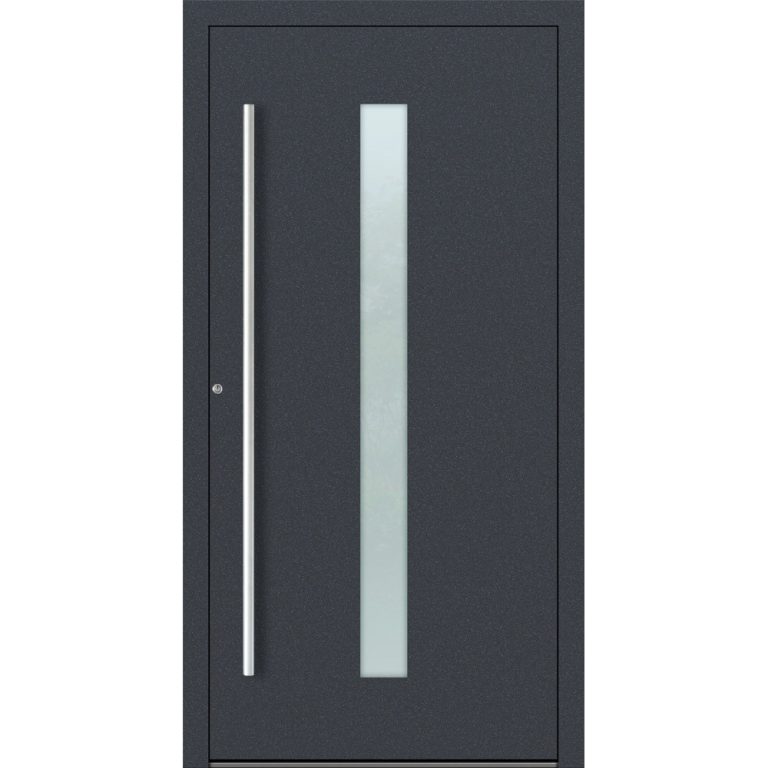 Aluminium-Haustür Feldmann und Mayer P90 und SL75 Design M01 in Anthrazit mit Glaseinsatz und silbernen Griffen