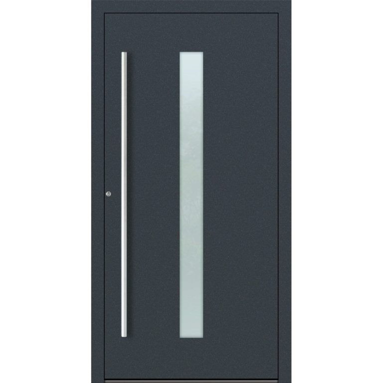 Aluminium-Haustür Feldmann und Mayer P90 und SL75 Design M01 in Anthrazit RAL7016 mit Glaseinsatz und silbernen Griffen