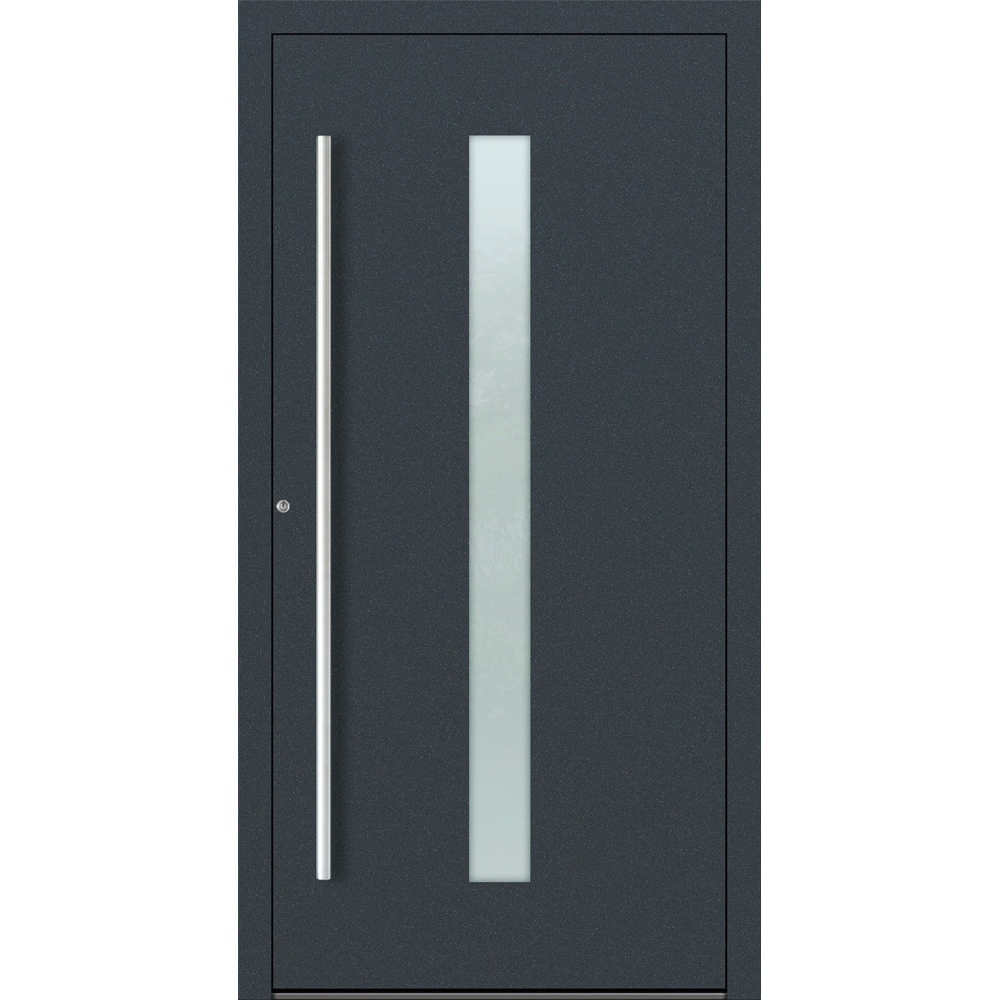 Aluminium-Haustür Feldmann und Mayer P90 und SL75 Design M01 in Anthrazit RAL7016 mit Glaseinsatz und silbernen Griffen