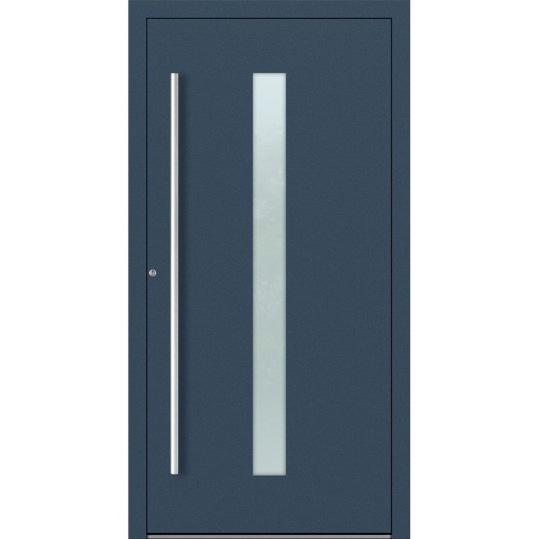 Aluminium-Haustür Feldmann und Mayer P90 und SL75 Design M01 in Dunkelblau mit Glaseinsatz und silbernen Griffen