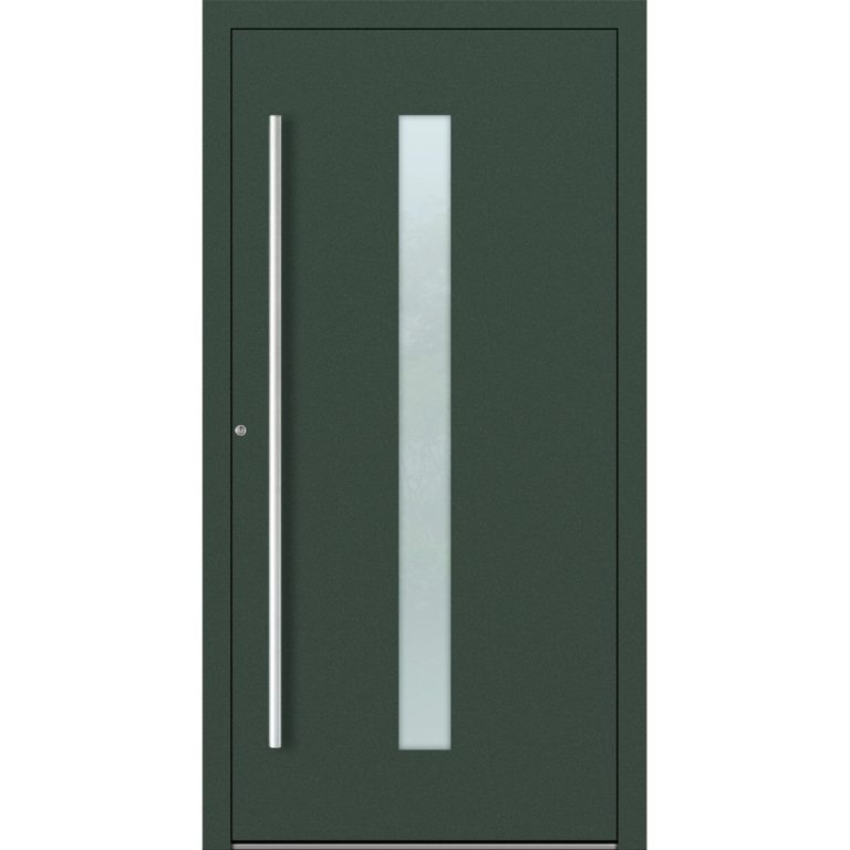 Aluminium-Haustür Feldmann und Mayer P90 und SL75 Design M01 in Tannengrün mit Glaseinsatz und silbernen Griffen