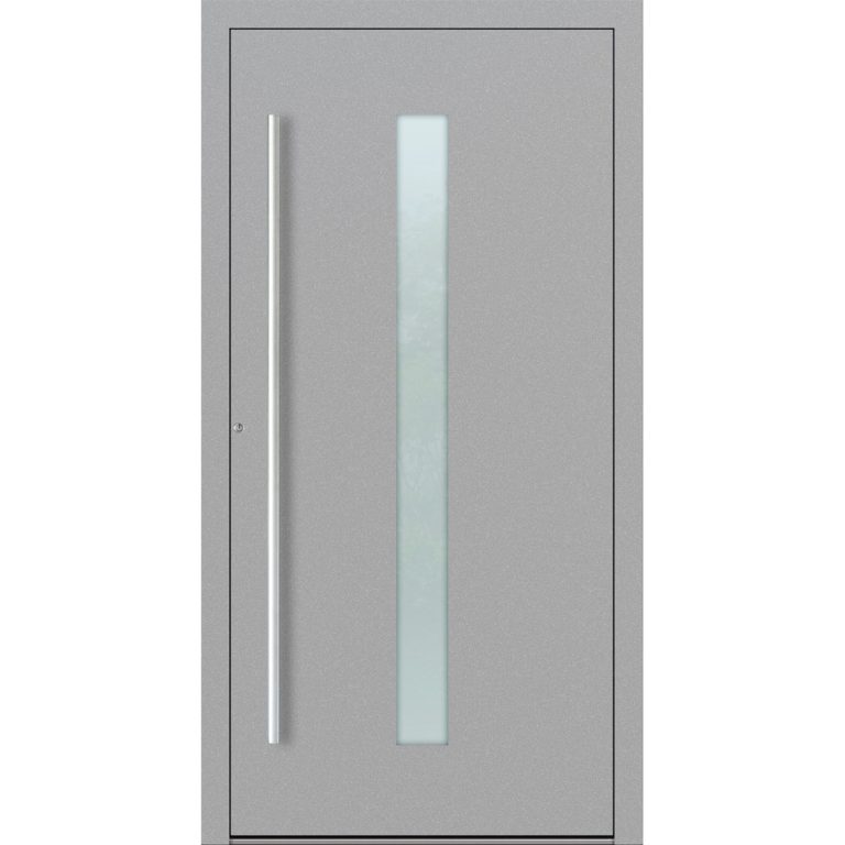 Aluminium-Haustür Feldmann und Mayer P90 und SL75 Design M01 in Grau mit Glaseinsatz und silbernen Griffen