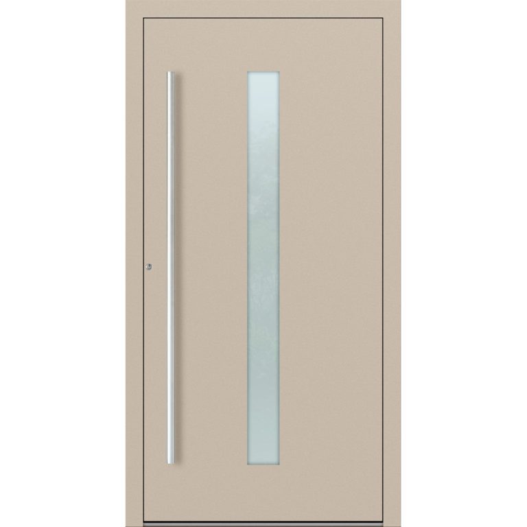 Aluminium-Haustür Feldmann und Mayer P90 und SL75 Design M01 in Elfenbein mit Glaseinsatz und silbernen Griffen