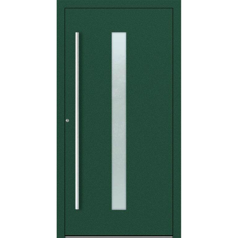 Aluminium-Haustür Feldmann und Mayer P90 und SL75 Design M01 in Mossgrün mit Glaseinsatz und silbernen Griffen