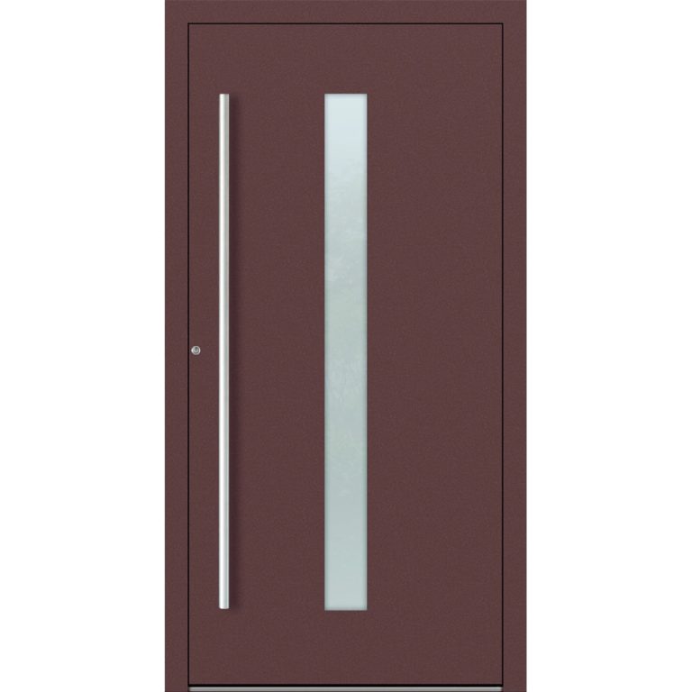Aluminium-Haustür Feldmann und Mayer P90 und SL75 Design M01 in Rotbraun mit Glaseinsatz und silbernen Griffen