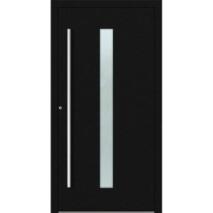 Porte d’entrée aluminium Feldmann et Mayer P90 et SL75 Design M01 en noir avec insert en verre et poignées argentées