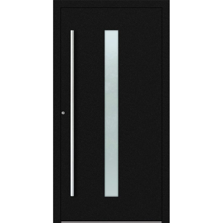Aluminium-Haustür Feldmann und Mayer P90 und SL75 Design M01 in Schwarz mit Glaseinsatz und silbernen Griffen