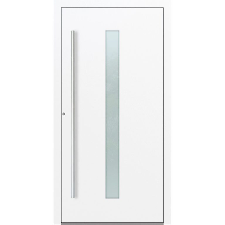Aluminium-Haustür Feldmann und Mayer P90 und SL75 Design M01 in Weiß mit Glaseinsatz und silbernen Griffen