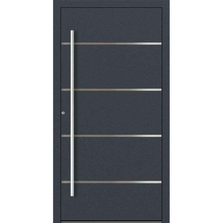 Aluminiumhaustür Feldmann und Mayer P90 und SL75 Design M02 in Anthrazit mit vier Edelstahl-Applikationen und silbernen Griffen