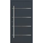 Aluminiumhaustür Feldmann und Mayer P90 und SL75 Design M02 in Anthrazit RAL7016 mit vier Edelstahl-Applikationen und silbernen Griffen