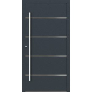 Porte d’entrée aluminium Feldmann et Mayer P90 et SL75 Design M02 en anthracite RAL7016 avec quatre applications inox et poignées argentées
