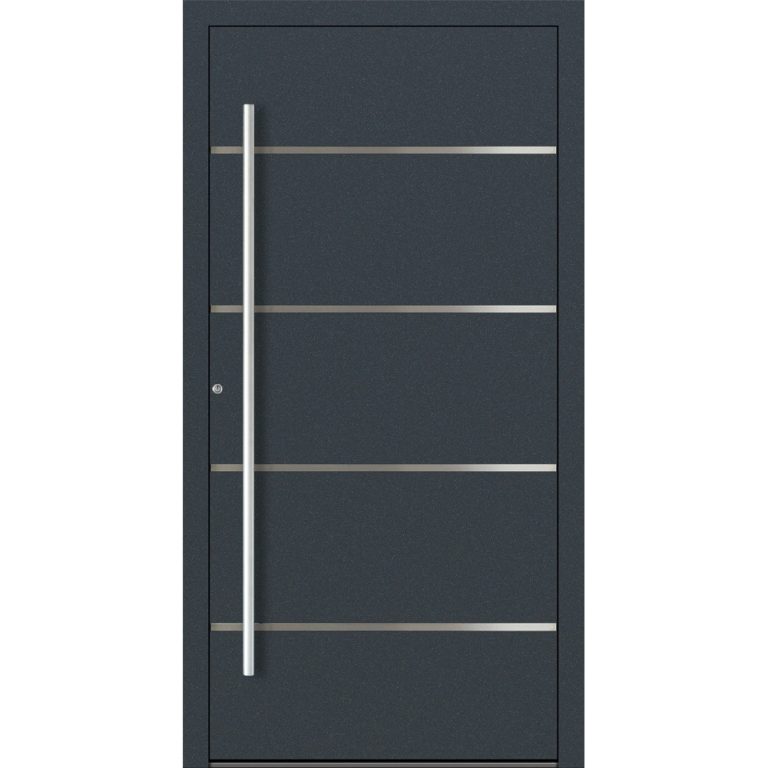 Aluminiumhaustür Feldmann und Mayer P90 und SL75 Design M02 in Anthrazit RAL7016 mit vier Edelstahl-Applikationen und silbernen Griffen