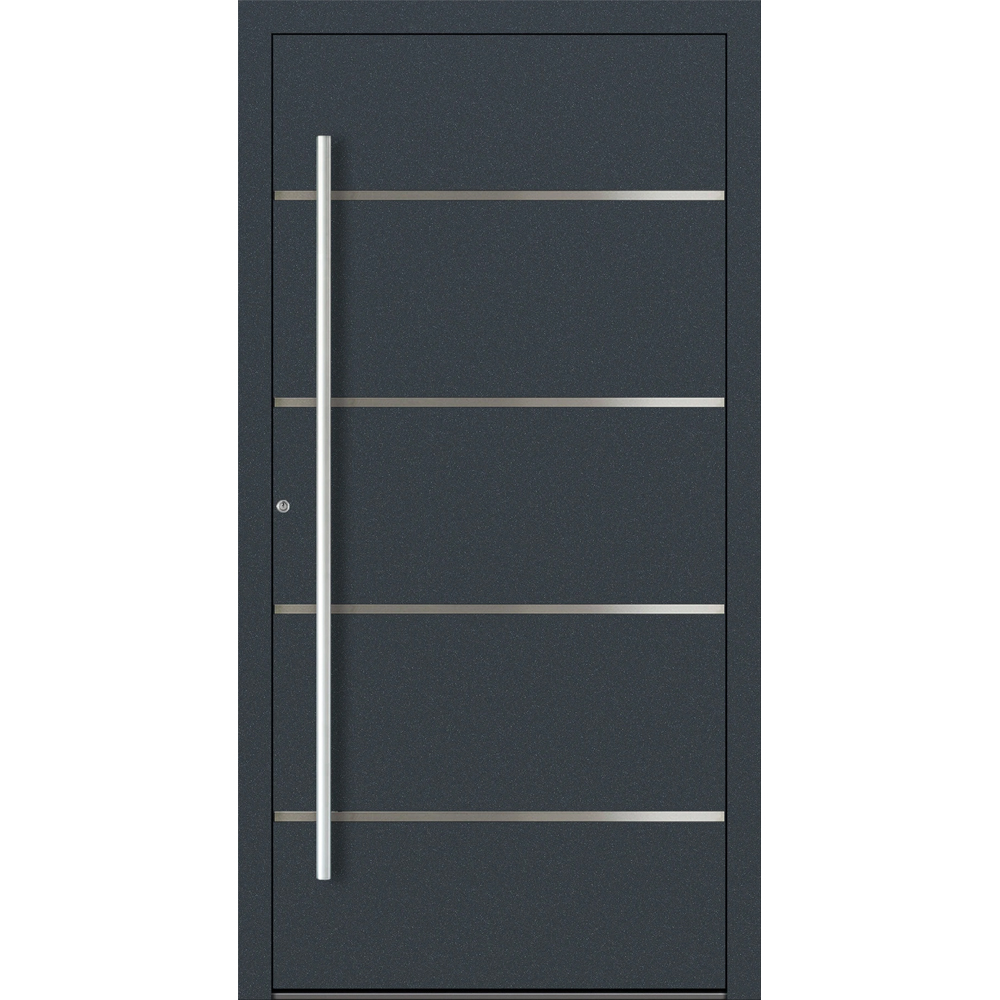 Aluminiumhaustür Feldmann und Mayer P90 und SL75 Design M02 in Anthrazit RAL7016 mit vier Edelstahl-Applikationen und silbernen Griffen