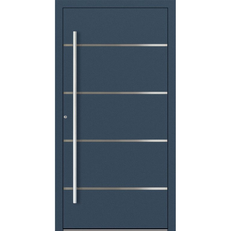 Aluminiumhaustür Feldmann und Mayer P90 und SL75 Design M02 in Dunkelblau mit vier Edelstahl-Applikationen und silbernen Griffen