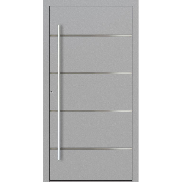 Aluminiumhaustür Feldmann und Mayer P90 und SL75 Design M02 in Grau mit vier Edelstahl-Applikationen und silbernen Griffen