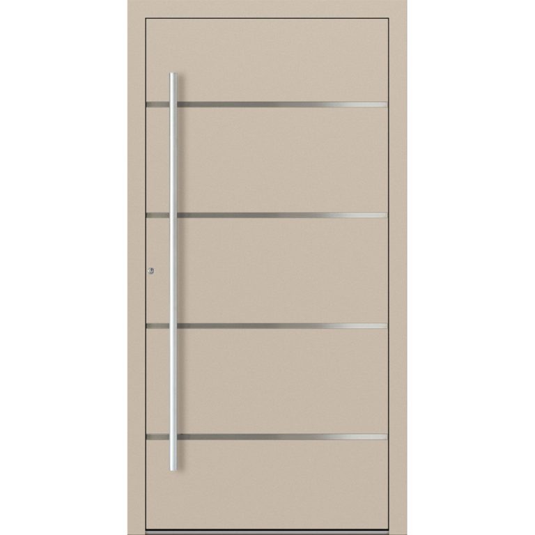 Aluminiumhaustür Feldmann und Mayer P90 und SL75 Design M02 in Elfenbein mit vier Edelstahl-Applikationen und silbernen Griffen