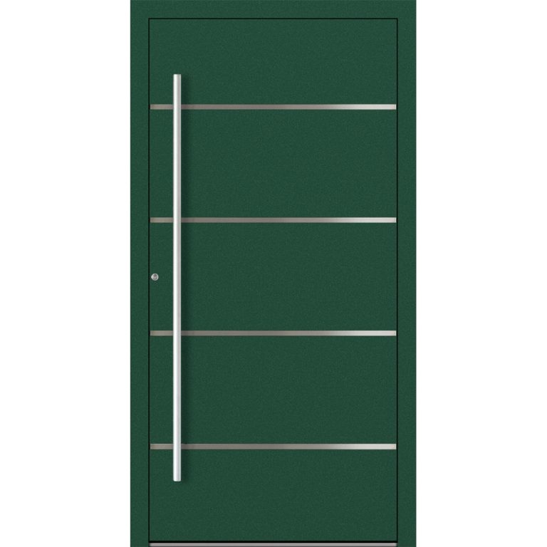 Aluminiumhaustür Feldmann und Mayer P90 und SL75 Design M02 in Mossgrün mit vier Edelstahl-Applikationen und silbernen Griffen